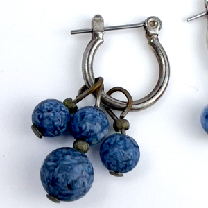 lot 161 image: Unknown Maker, White Base Metal Hinged Wire Hoop Earrings. Blue Bead Dangles