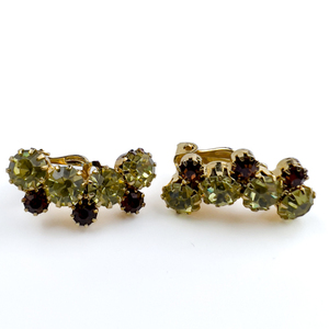 lot 218 image: Beautiful Yellow Plated Metal Clip-On Earrings. Greenish-Yellow And Brown Rhinestones, Beautiful