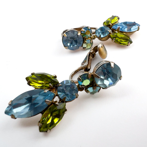 lot 220 image: Unknown Maker, White Metal Clip-On Earrings. Dangling With Blue And Green Rhinestones
