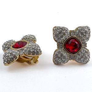 lot 221 image: Swarovski Yellow And White Metal Clip-On Earrings. 4 Petal Flower Design.