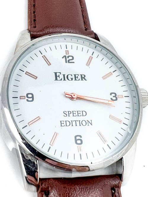 Men s Eiger Speed Edition White dial and rose colored markers stainless Quartz watch. New Battery Watch Enthusiasts Watchmakers and Hobbyists Watches vintage and modern working and not. Watch parts. K...