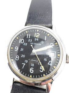 lot 113 image: Mens Westclox Swiss 17J black dial, Shock Resistant white Quartz Analog watch. NOT WORKING.