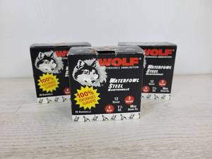 lot 592 image: 62 Rounds of Wolf 3 1-14 oz. 4 Shot 12 Gauge Shotgun Shells