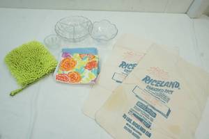 Serving Dishes, Cloths, 2 flour sacks