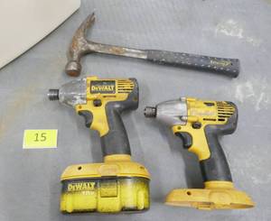 lot 15 image: Two Dewalt 18V impacts and a hammer