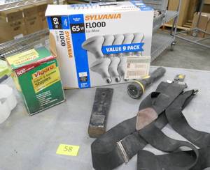lot 58 image: Floodlights, Carhartt suspenders, log splitting wedge and fabric staples