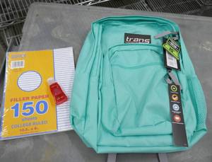 lot 76 image: Teal colored backpack and pack of paper