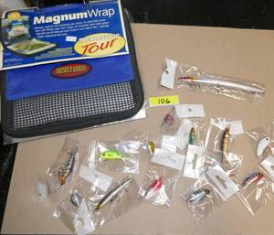 lot 106 image: Fishing tackle bag with 11 sheets and 13 new lures