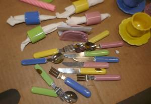 lot 202 image: Unique 50 piece ceramic kids tea set with silverware