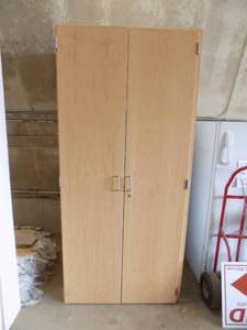 lot 17 image: Wooden 2 Door Storage Cabinet with 5 Shelves and base
