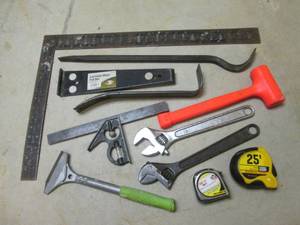 lot 67 image: Measuring square, metal ruler, plus