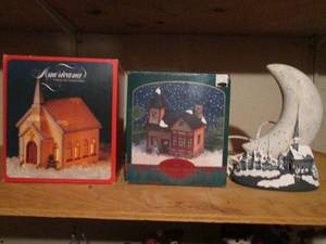 lot 157 image: Trio of light up Christmas town and moon decor