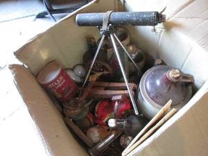 lot 212 image: Box of Antique tools, stoneware crocks, etc
