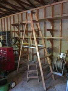 lot 213 image: 8-foot wood ladder with 3-rung wood step ladder