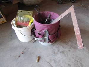 lot 43 image: 3 & 5 gallon buckets with hand tools and hardware