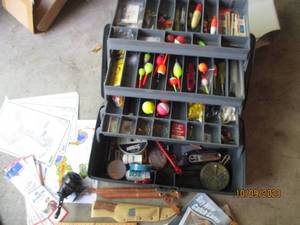 lot 487 image: Gray Plano Tackle box with a large ...