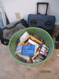 lot 369 image: Basket of books, laptop bag and rol...
