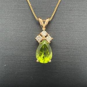 Peridot Pear Solitaire & Diamond Three-Stone Cluster Drop Pendant in 14k Yellow Gold $1,250 Retail
