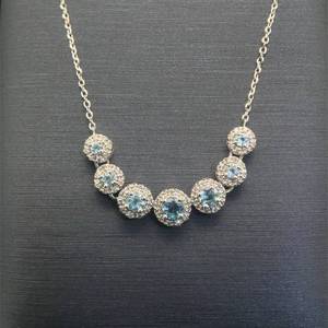 Swiss Blue Topaz & Diamond Hinge Halo Cluster 7-Stone Necklace in White Gold $1,550 Retail VIDEO