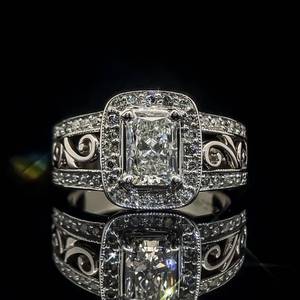 1.58 Carat Diamond Radiant Rectangular Cut Halo Engagement Ring in 14k White Gold - Scrolling Openwork Double Row Design, Ornate & Captivating  - VVS Clarity $6,250 Retail VIDEO