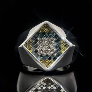 Mens Designer JOE RODEO Fancy Color & White Diamond Concave Square Top Ring in 14k White Gold $5,100 VIDEO