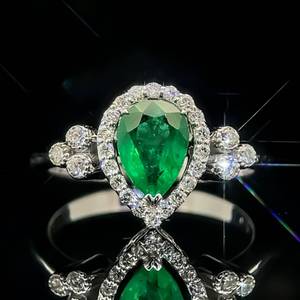 Brand New 1.10 Carat Natural Emerald Pear-Shaped Solitaire & Diamond Halo Trio Cluster Ring in 18k White Gold $3,550 Retail VIDEO