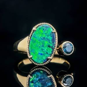 Fancy Blue Diamond & Oval Opal Bezel Ring in 18k Yellow Gold $3650 Retail VIDEO