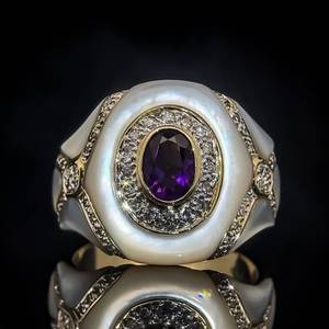 Fancy Amethyst Oval Solitaire & Diamond Custom Inlay Mother of Pearl Estate Ring in 14k Yellow Gold $3,299 Retail VIDEO