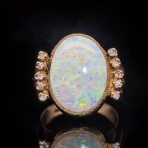 Large Oval Opal & Diamond Textured Groove Retro-Mod Estate Ring in 14k Gold $2,500 Retail VIDEO
