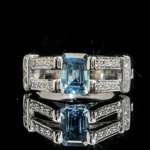 Aquamarine Emerald Cut Solitaire & Double Open Rail Diamond Pave Retro-Mod Ring in 18k White Gold $3,300 Retail VIDEO