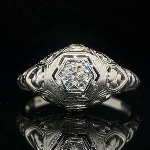Antique Diamond Filigree Solitaire Estate Ring in 18k White Gold $2,350 Retail VIDEO