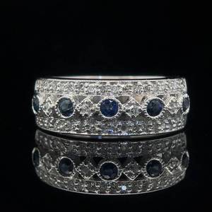 Triple Row Natural Blue Sapphire & Diamond Milgrain Edge Anniversary Ring in 14k White Gold $1,990 Retail VIDEO