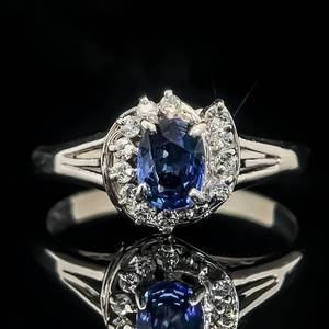 Oval Natural Blue Sapphire Solitaire & Diamond Cluster Halo Triple Split Shank Cocktail Estate Ring in Platinum 900 $2,600 VIDEO