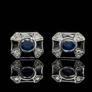 Fancy 2.84 Carat Oval Natural Blue Sapphires & Diamonds Enamel Art Deco Styled Geometric Stud Earrings in 18k White Gold - Bespoke Filigree Flower Butterfly Backs $3,350 Retail VIDEO