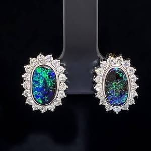 Fancy Black Opal & Diamond Oval Cluster Bezel Flower Stud Earrings in Platinum 900 $3999 Retail VIDEO