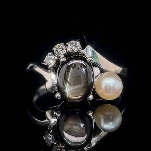 Natural Black Star Sapphire, White Pearl & Diamond Estate Ring in 14k White Gold $1,399 Retail VIDEO