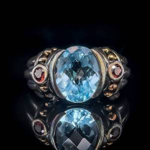 Stunning Oval Cut Blue Topaz & Garnet Scalloped Ribbed Two-Tone Ring w Gorgeous Patina, Unique Beauty & Sheen