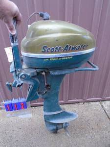 Vintage Scott Atwater 5 hp outboard motor. Looks complete. Turns over. As shown.