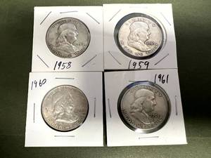 4 Franklin Half Dollars 1958D, 1959D, 1960D & 1961D
