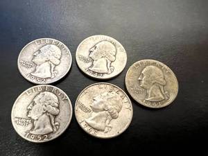 5 Silver Washington Quarters