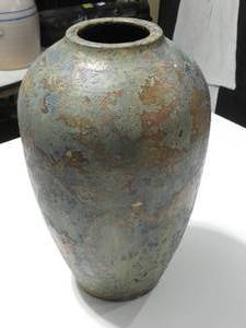 Smokey Blue Papaya Vase w metallic gold artificial arrangement