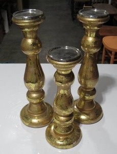 Three Distressed Metallic Gold Candle Holders