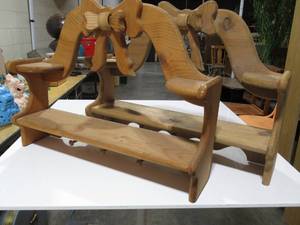 Matching Pair of Handmade Wooden Ribbon Shelves w Coat Hooks