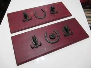 Set of Two Horse Metal Hooks on Red Wall hangings