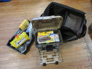 lot 123 image: PLANO TACKLE BOXES, LURES, LINES, BOBBERS AND A REEL