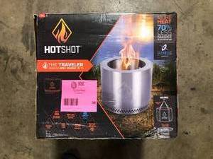 lot 36 image: HotShot Traveler Portable Low Smoke 15 in. Round Wood-Burning Fire Pit in Stainless Steel with Carry Bag  Customer Returns See Pictures