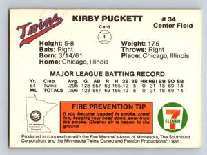 lot 36 image: Kirby Puckett RC Rare 1985 7-Eleven Minnesota Twins Card Set #1 - Baseball Rookie