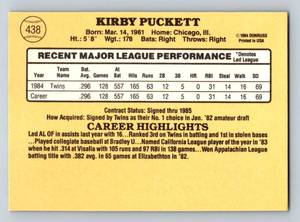 lot 73 image: Kirby Puckett RC - 1985 Donruss #438 Rookie Vintage Minnesota Twins Baseball Card