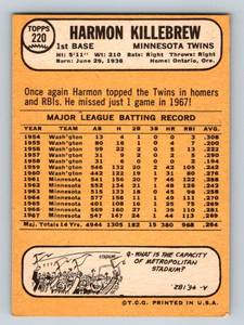 lot 99 image: Harmon Killebrew 1968 Topps #220 Vintage Minnesota Twins Baseball Card