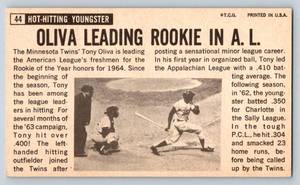 lot 112 image: Tony Oliva 1964 Topps Giant #44 Vintage Minnesota Twins Baseball Card